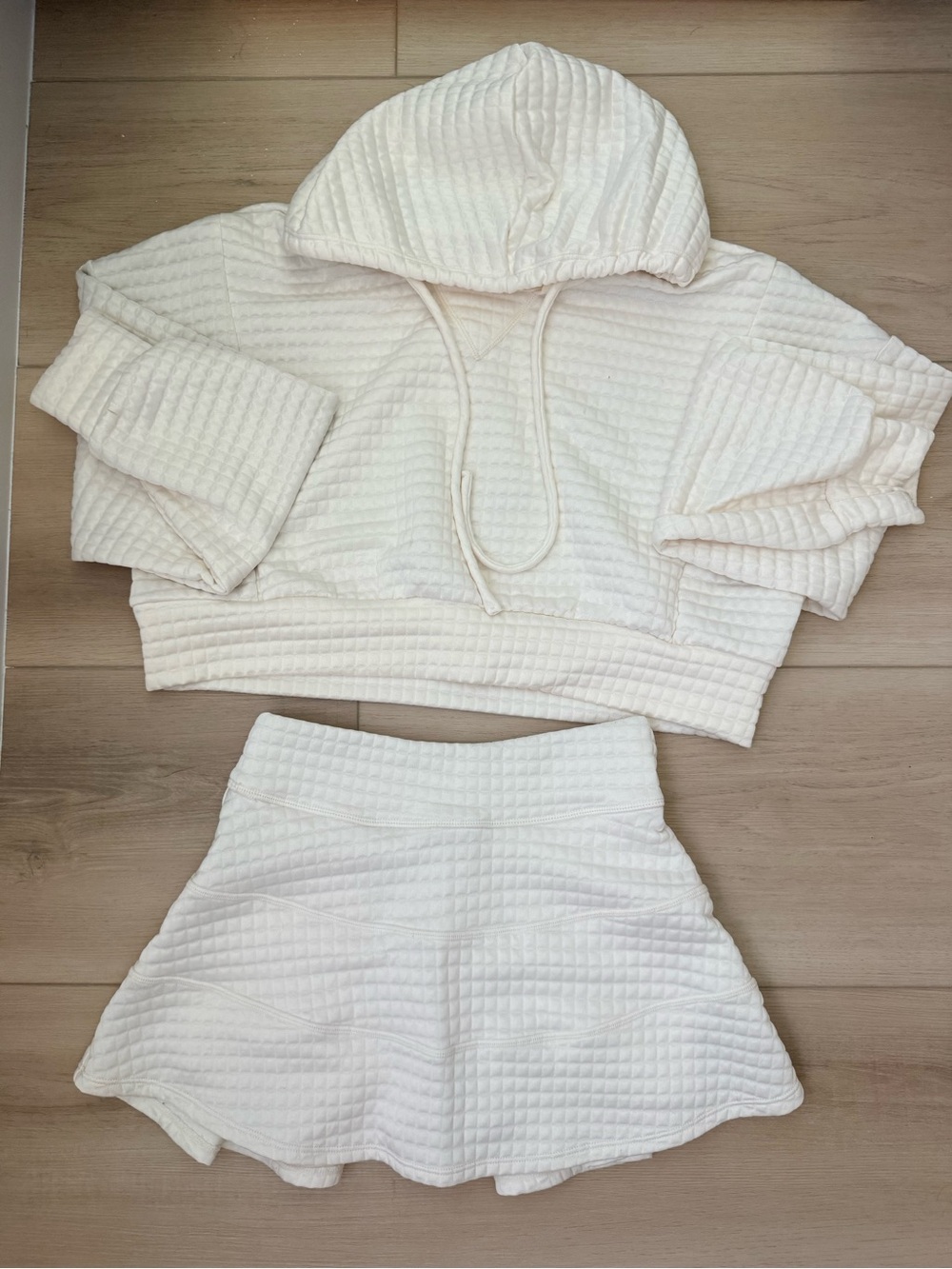 Altar'd State Ivory Quilted Hoodie & Skirt Set